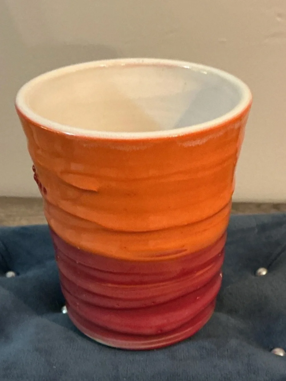 Hand Thrown Orange Red Glazed Pottery Vessel Cup Mug 4.5x3.75 NEW